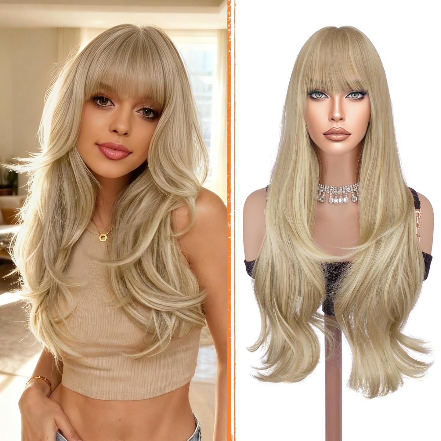 Blonde Wigs with Bangs - Long Layered Natural-Looking Synthetic Wavy Hair | 26-Inch Dirty Blonde