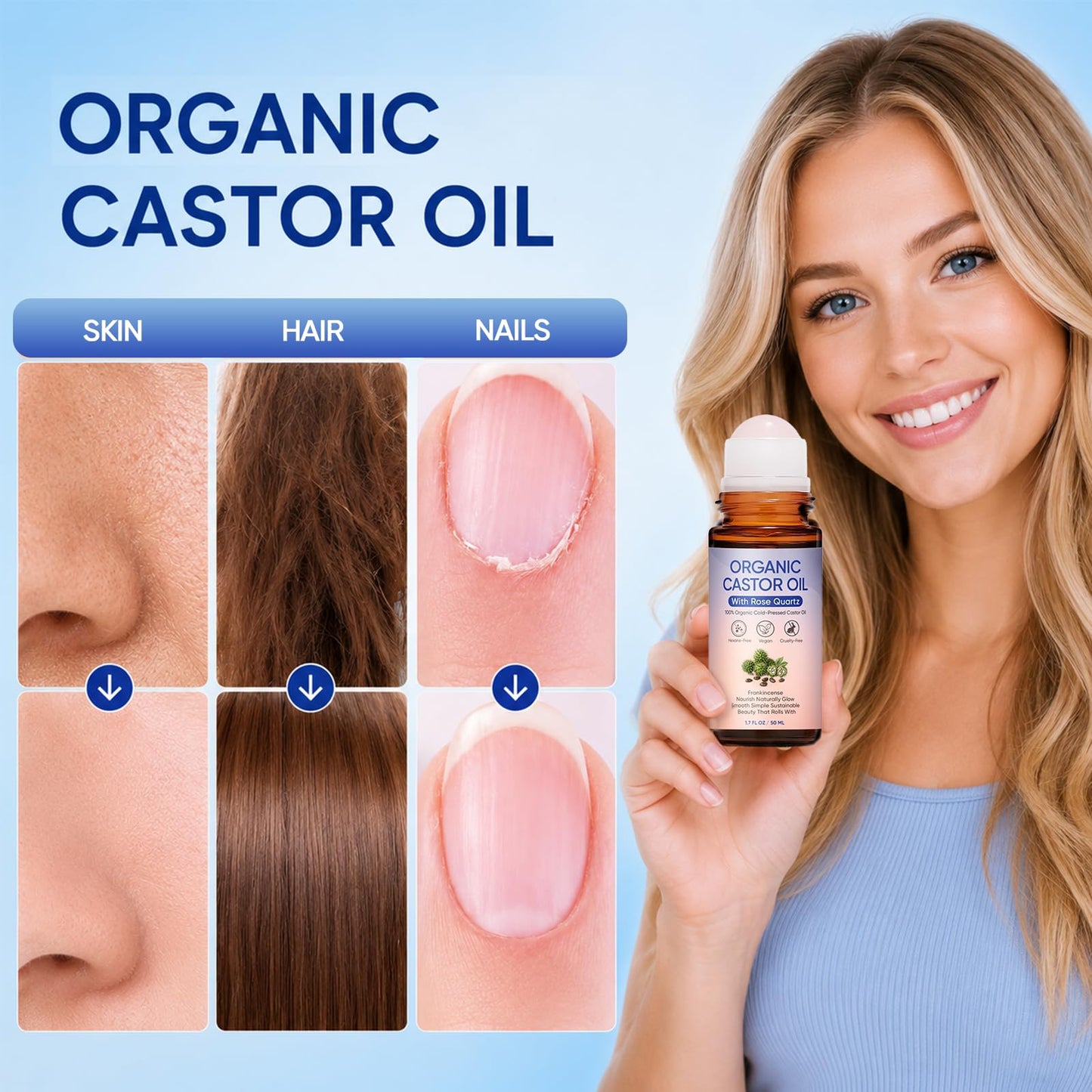 PlocoXe Castor Oil Rose Quartz Roller Ball, 100% Cold Pressed Hexane Free Organic Castor Oil Roll On for Face, Skin, Eyebrows & Eyelashes, Moisturizing Beauty Oil, 1.7 Fl Oz (50mL)