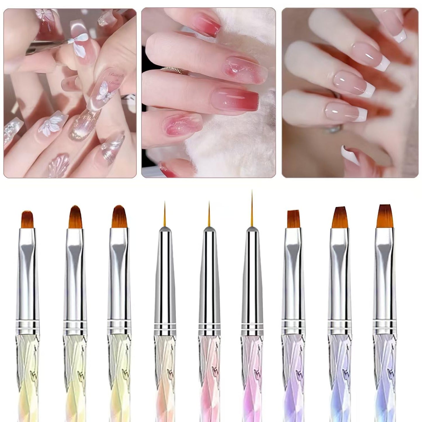 9PCS Nail Art Brush Set, Gel Polish Painting Brushes with Oval, Flat and Liner Brushes, Professional Nail Design Tools for Builder Gel, French Tip, Nail Painting and DIY Manicure