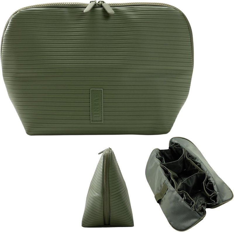 Vertical Waterproof Makeup & Toiletry Bag - 23-Pocket Organizer for Skincare & Essentials | Olive Color