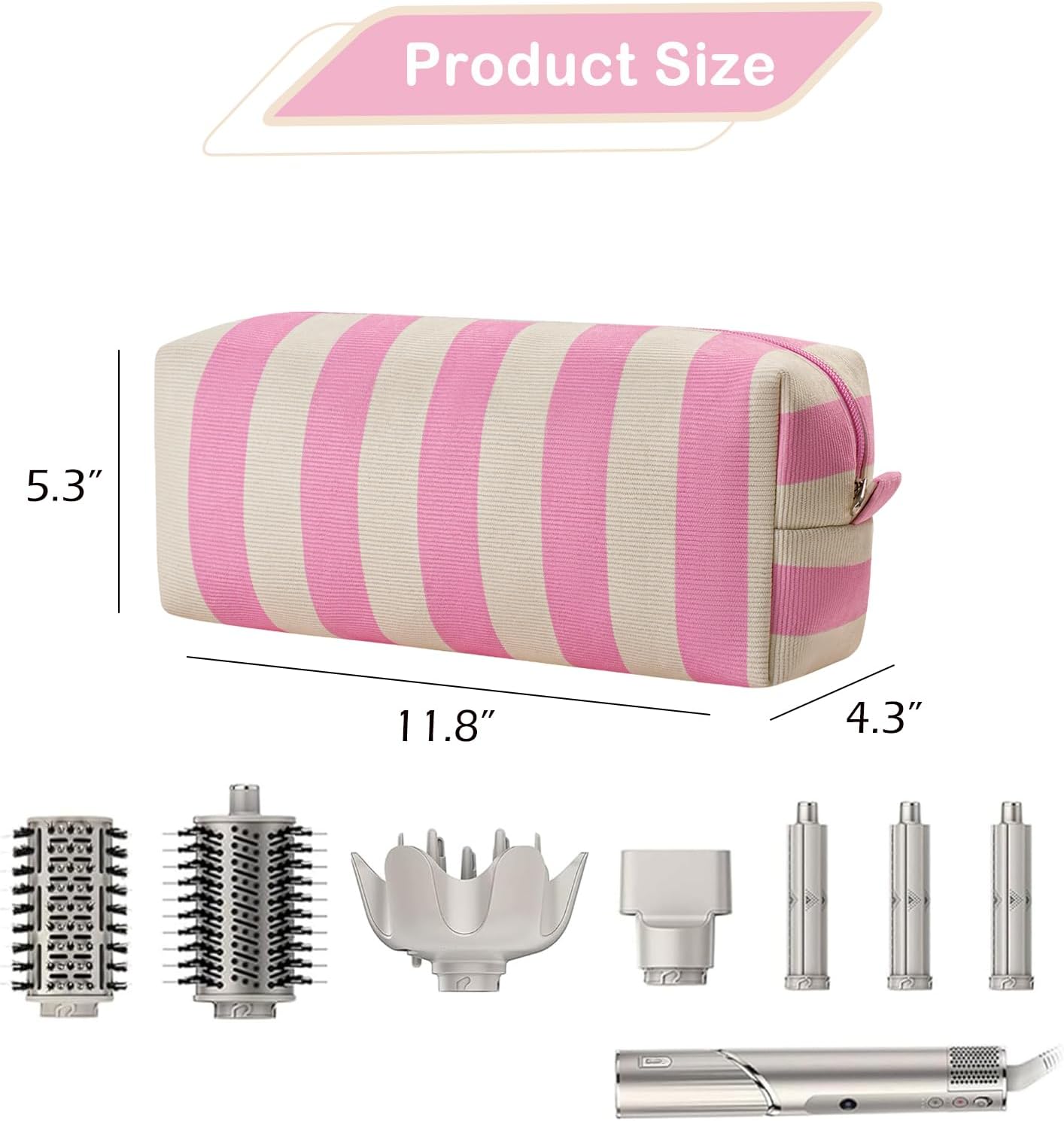 Striped Hair Tools Travel Bag - Corduroy Organizer for Hair Dryer & Flat Iron | Aesthetic Foldable Design (Pink & Beige)