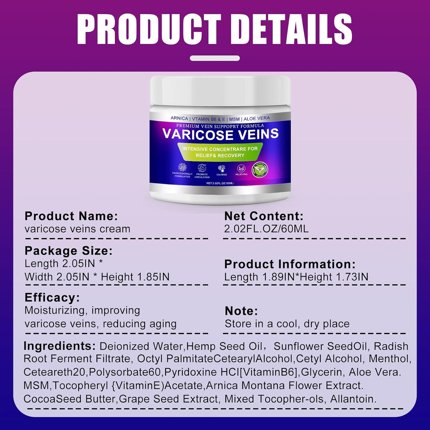 Varicose Veins Cream - Spider Veins Treatment for Legs | Improves Circulation & Relieves Fatigue - 1 Pack
