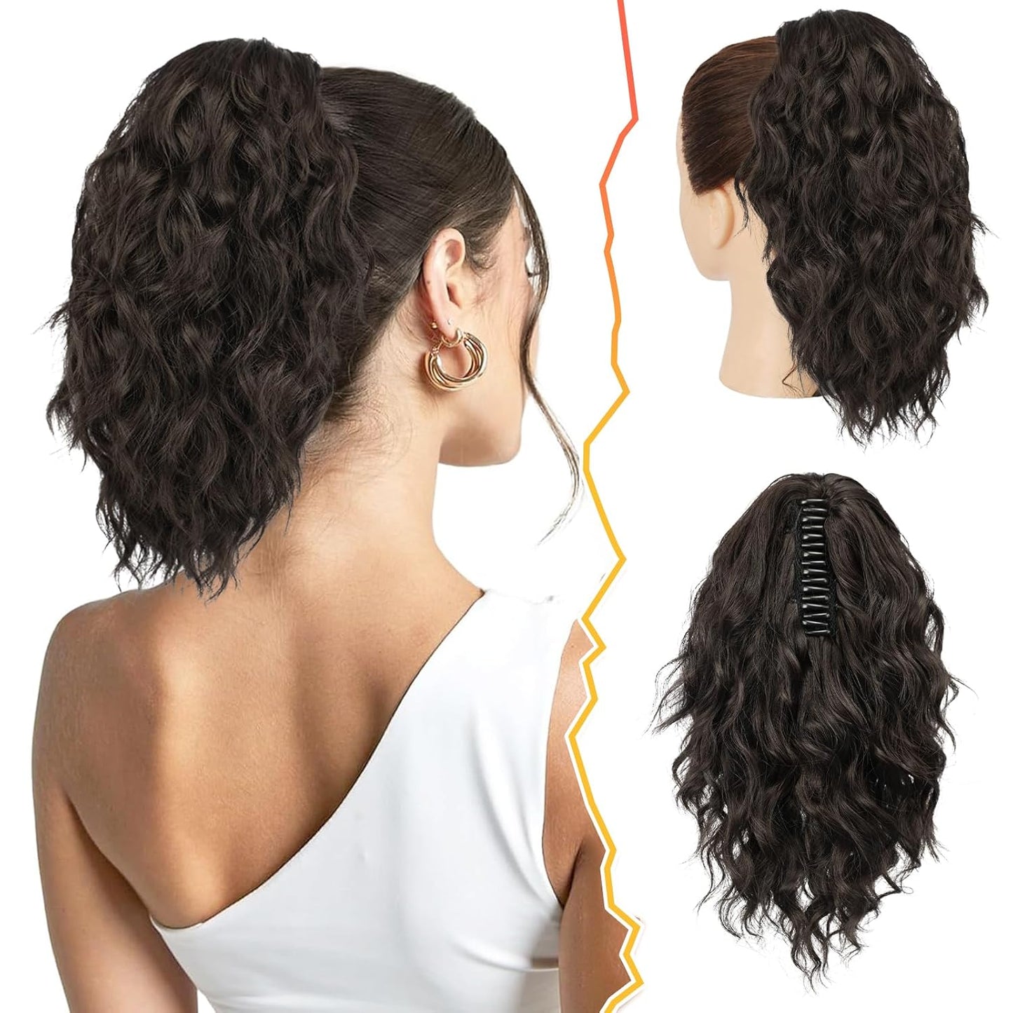 Ponytail Hair Extensions - 12 Inch Claw Clip Dark Brown Curly Wavy Ponytail for Women