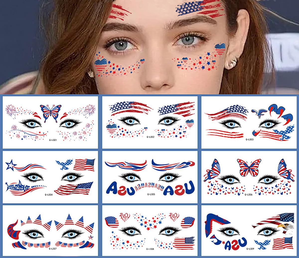 4th of July Face Tattoo Stickers for Adults, 10 Sheets Independence Day Temporary Tattoos, USA Flag Red White Blue Patriotic Party Supplies, Fake Tattoos for Face Makeup Eye Decor