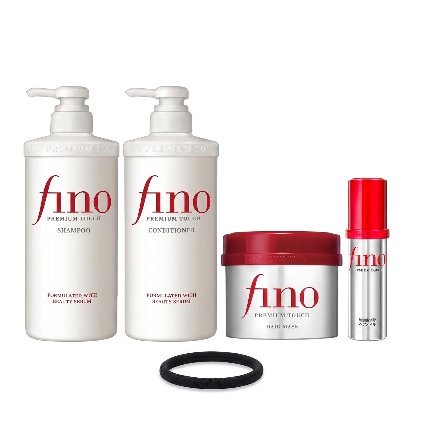 TJ SIGNATURE Fino Premium Touch Complete Hair Spa Set - Shampoo (550ml), Conditioner (550ml), Mask (230g) & Hair Oil (70ml) 5-Piece J-Beauty System for Damaged Hair - Bonus Branded Hair Tie Included