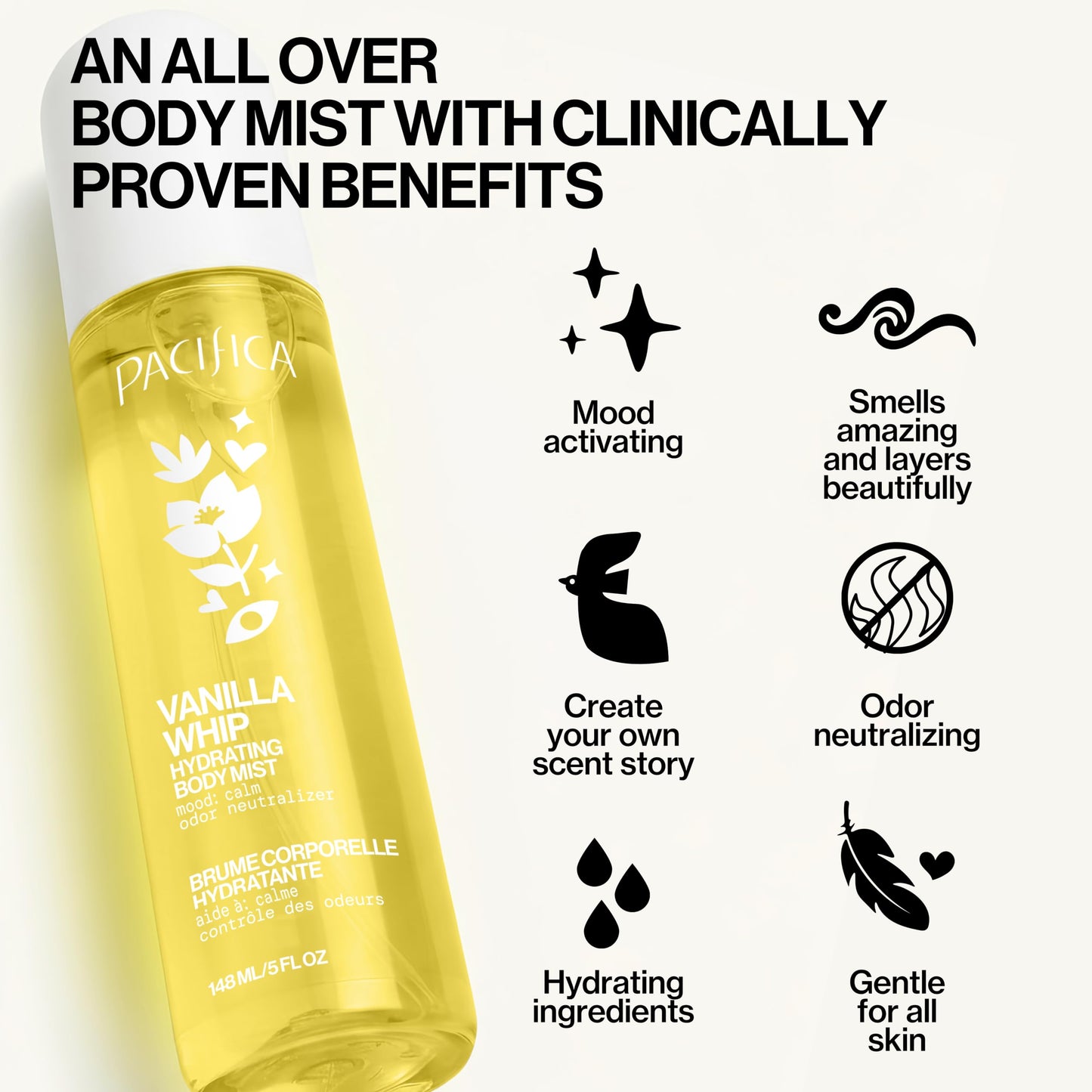 Pacifica Vanilla Whip Body Mist for Women; Sweet Gourmand Hair and Body Fragrance Spray | Warm Sugar Almond Scent, Odor Neutralizing, Skin Hydrating | Clean Botanical Mist | Vegan, Phthalate-Free 5oz