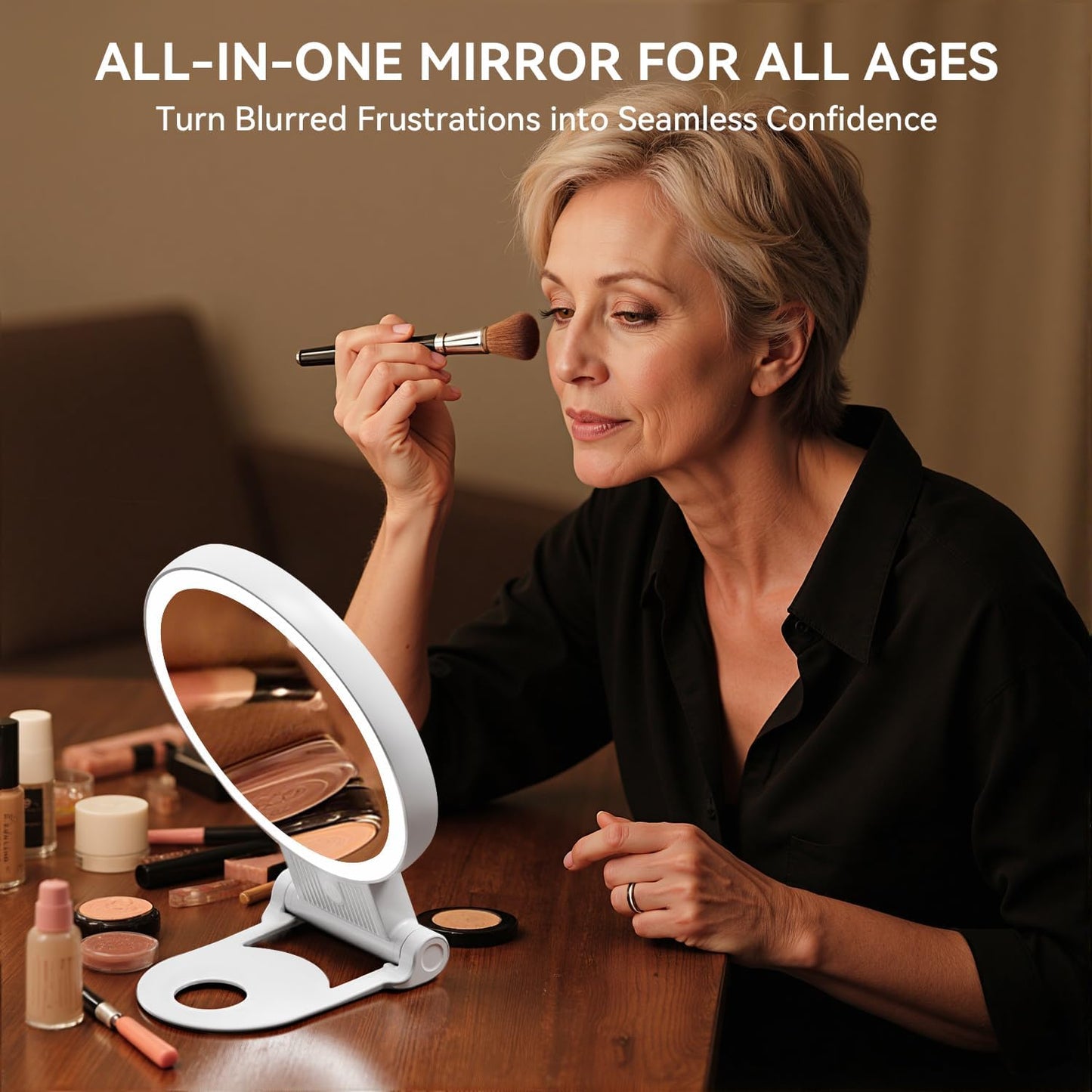 Auxmir 1X/30X Magnifying Makeup Mirror - Lighted, Double-Sided with Adjustable 3-Color Lighting | Rechargeable & Foldable Travel Design