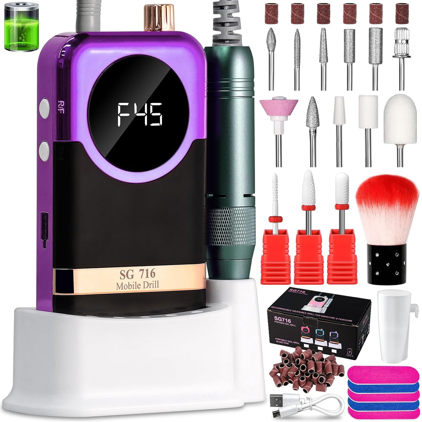 Professional Electric Nail Drill Kit - 45000RPM Cordless Toenail Machine with 14 Drill Bits | Portable Green