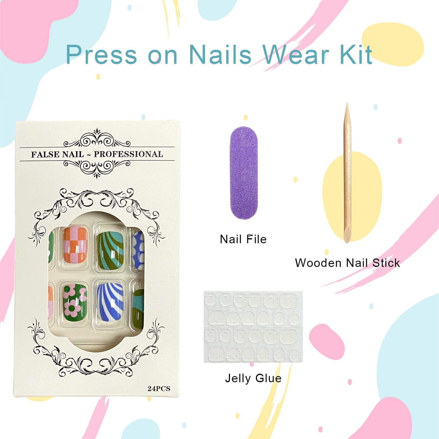Colorful Press-On Nails - 24Pcs Short Square Acrylic Nails with Flower & Stripe Designs | Glossy Full Cover