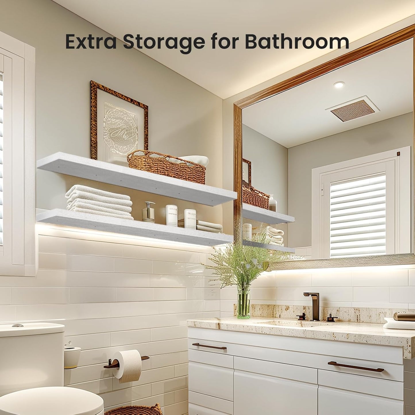 Floating Shelves for Bathroom, Living Room & Kitchen | White Wall Shelves with Invisible Brackets - Set of 3