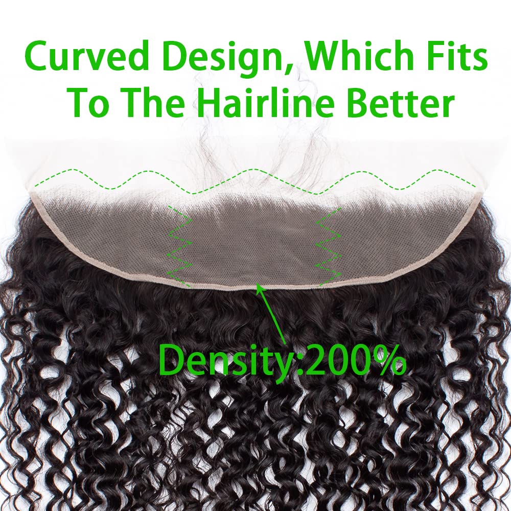 13x4 Lace Frontal Only Deep Curly Regular HD Lace, 200% Density, 100% Brazilian Virgin Human Hair Ear to Ear HD Lace Frontal Pre Plucked with Baby Hair Natural Black Color 14 Inch