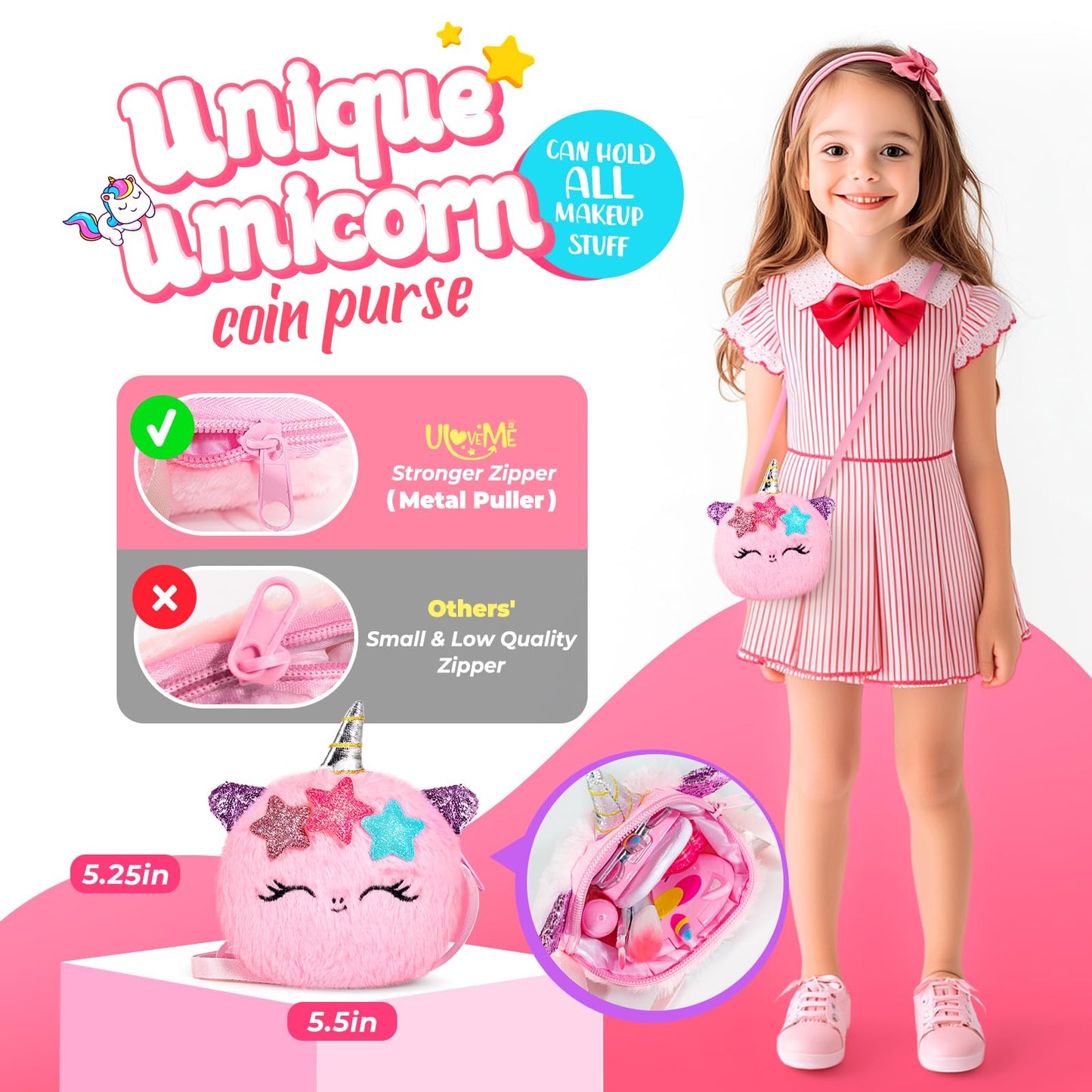 ULOVEME Talc-Free Kids Real Makeup Kit for Little Girls - Mica-Based Safe Formula, Real, Non Toxic, Washable - Ideal for 4 5 6 7 8 Years Old Girls Birthday, Dress Up Party