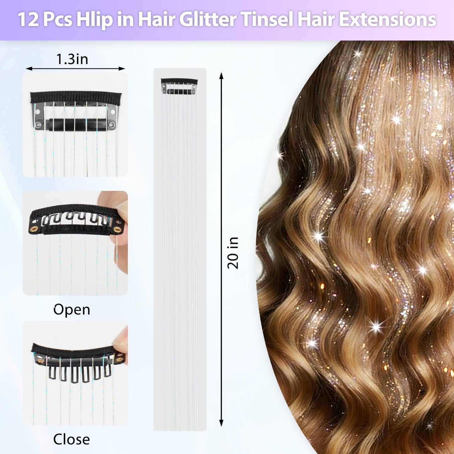 12 Pcs 20 Inch Clip in Hair Tinsel Kit, Silver Glitter Fairy Hair Extensions, Festival Party Hair Accessories for Women Girls Concert Cosplay Birthday