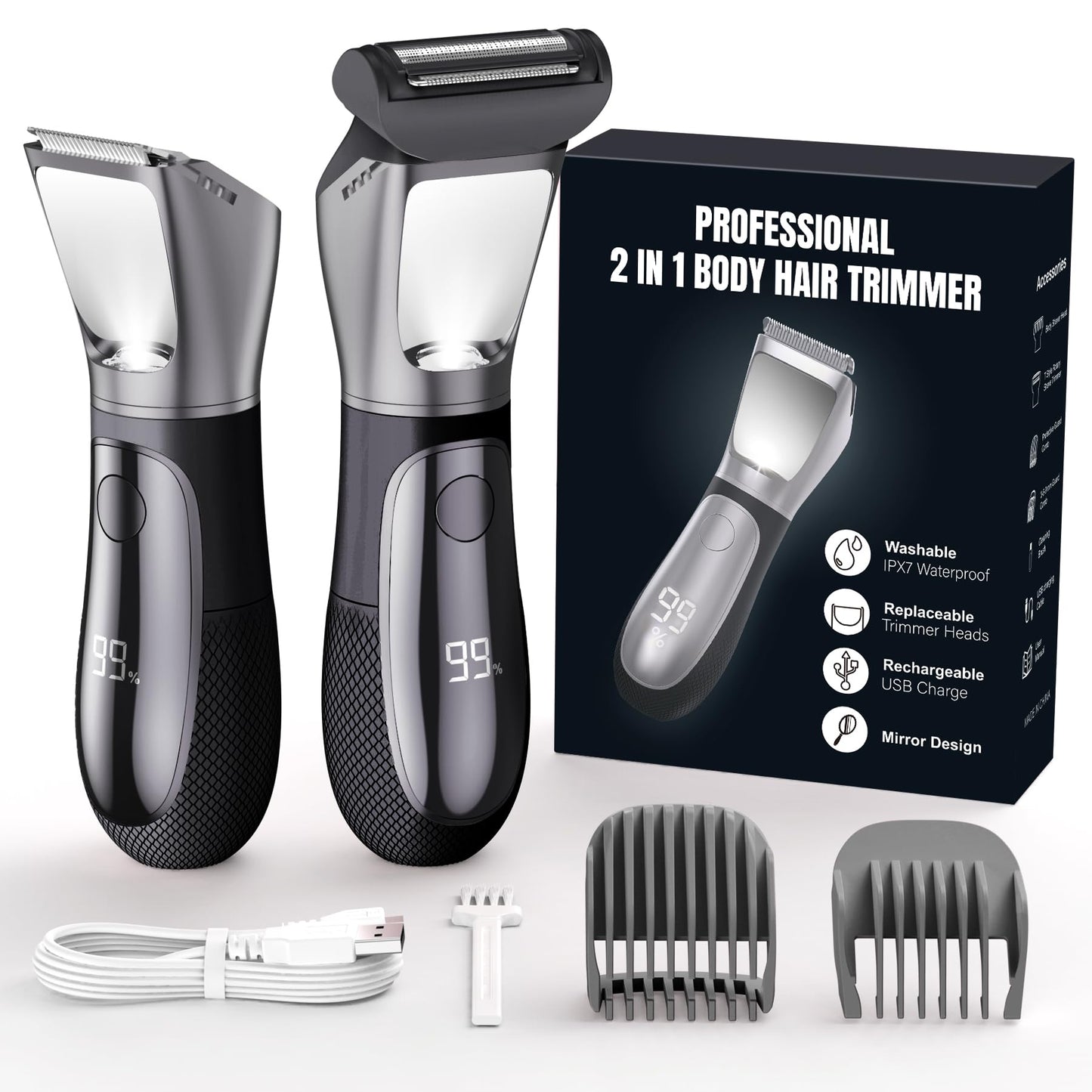NIPOO Bikini Trimmer for Men, 2 in 1 Electric Razors Shaver, IPX7 Waterproof Body Hair Trimmer with Mirror, LED Light & Display, Painless Pubic Hair Removal, Silver