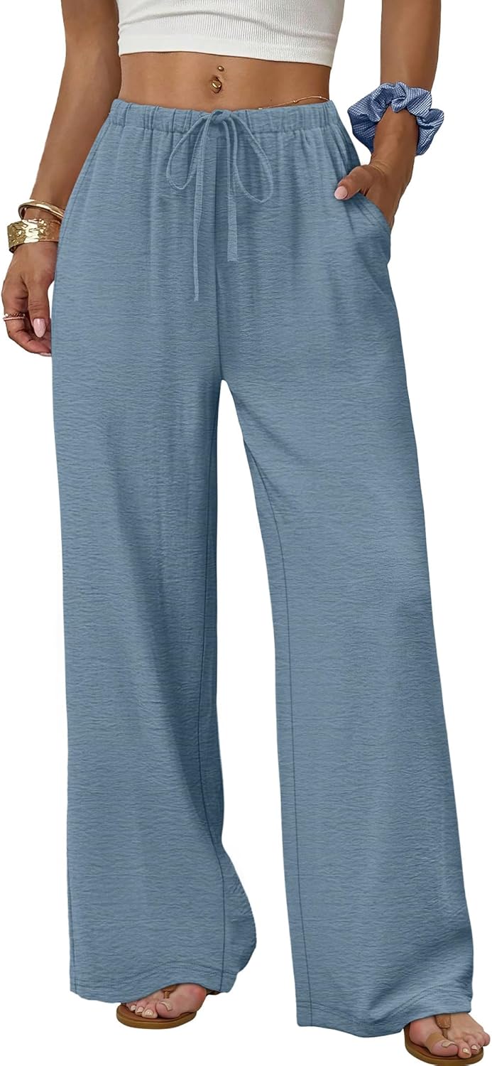 Wide Leg Pants for Women - Flowy Palazzo Trousers with Drawstring & Pockets | Summer Beach Vacation Wear