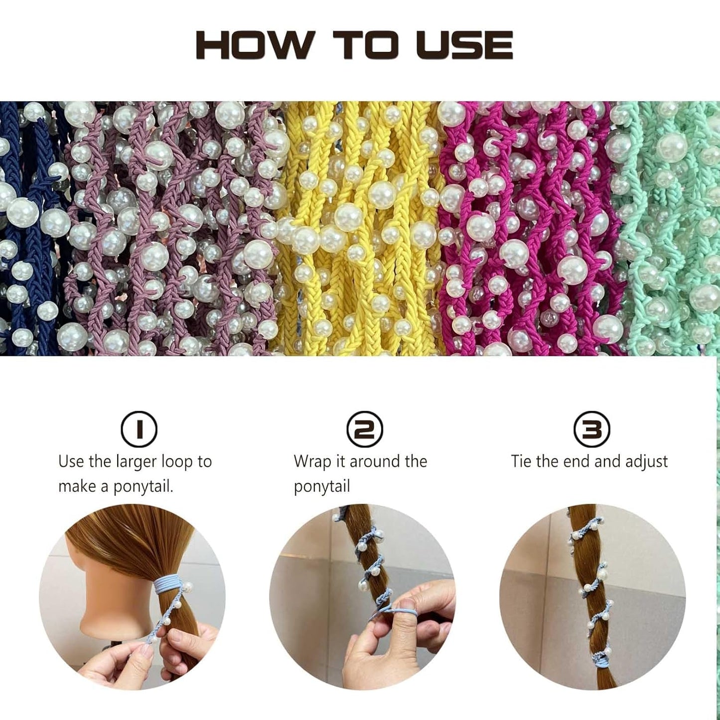 Pearl Hair Ties for Women - Hand-Braided Sport Ponytail Holders | Tangle-Free 16” Wraps in Hot Pink, Blue & Green (3 Pack)