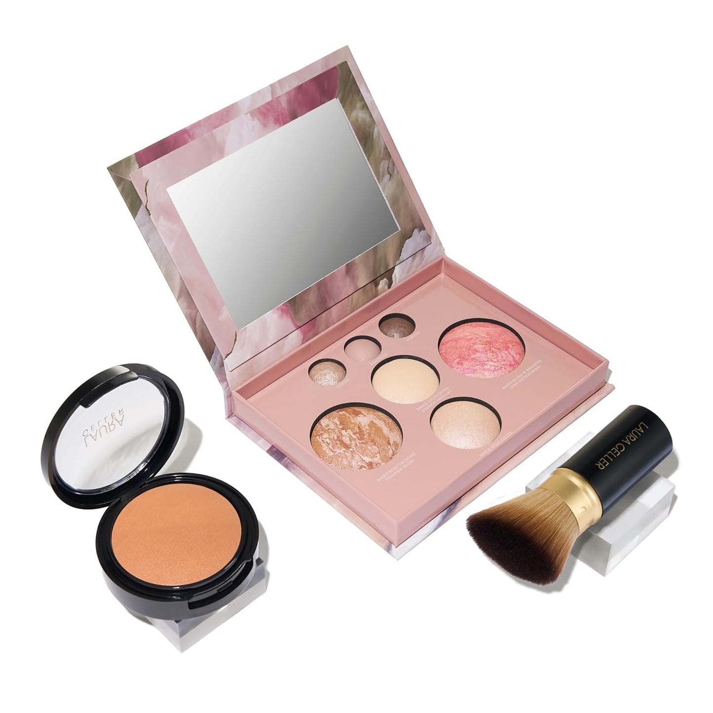 Laura Geller Baked Starter Kit - Full Coverage Double Take Powder Foundation & Face Palette | Retractable Kabuki Brush (01 Porcelain)