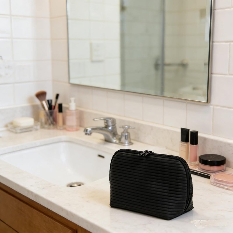 Travel Makeup Bag - Waterproof Stand Up Cosmetic Organizer with Brush Holders | Medium Black Design for Skincare & Toiletries