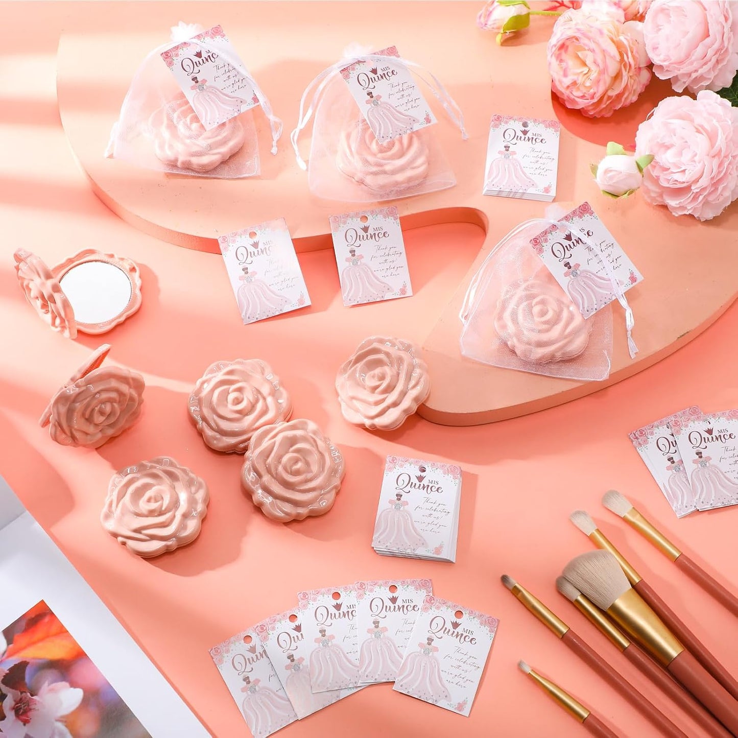 Quinceanera Party Favors - Rose Design Compact Pocket Mirrors with Thank You Cards & Organza Bags | Pink