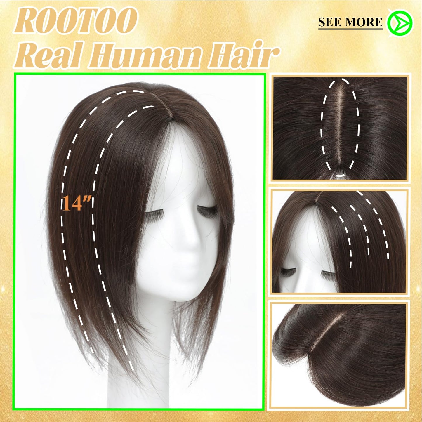 Rootoo Hair Toppers for Women Real Human Hair, 14 Inch Realistic Biological Scalp Topper Hair Pieces for Women with Thinning Hair, Clip in Curtain Bangs Big Base 360° Cover (Dark Brown, 14 Inch)