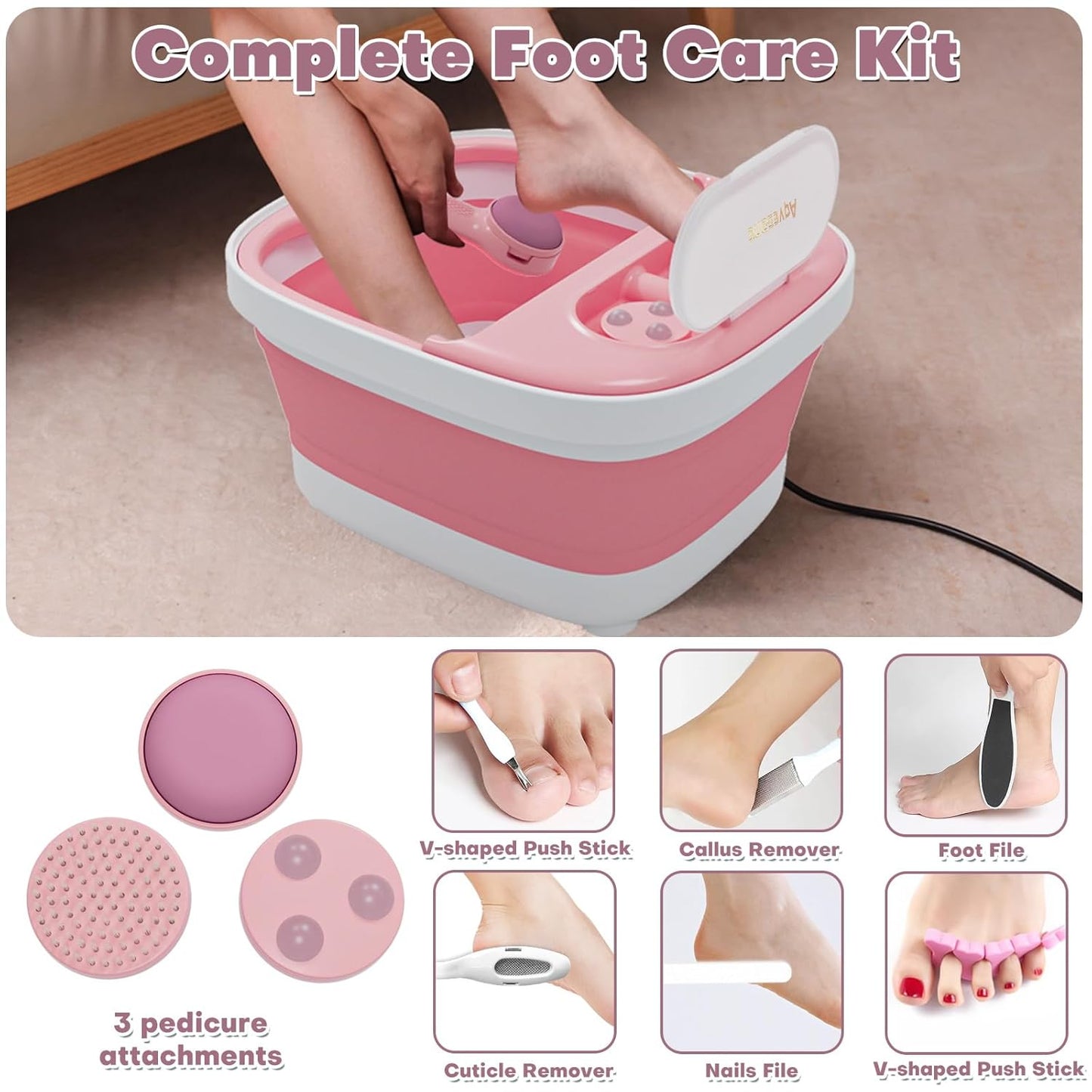 Collapsible Foot Spa Bath Massager - Heated Soaking Tub with Remote & Timer | Includes Pedicure Kit & 3 Attachments (Pink)