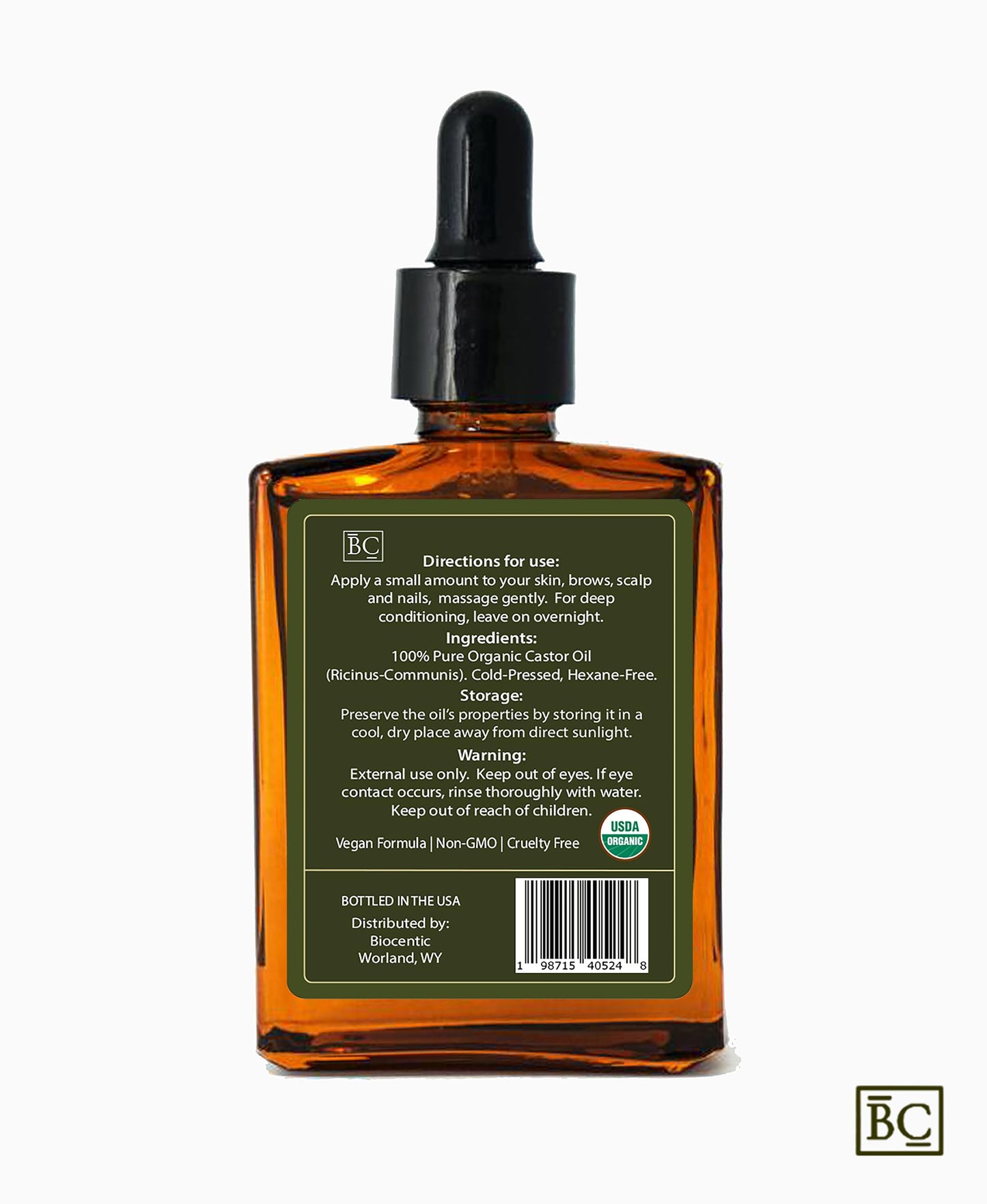 BIOCENTIC Premium Quality Organic Castor Oil (500ml) Ricinoleic Acid 90%, Glass bottle, 100% Pure, Cold-Pressed, Hexane-Free. Stimulate Hair, Eyelash & Eyebrow Growth. Treatment for Skin & Scalp.