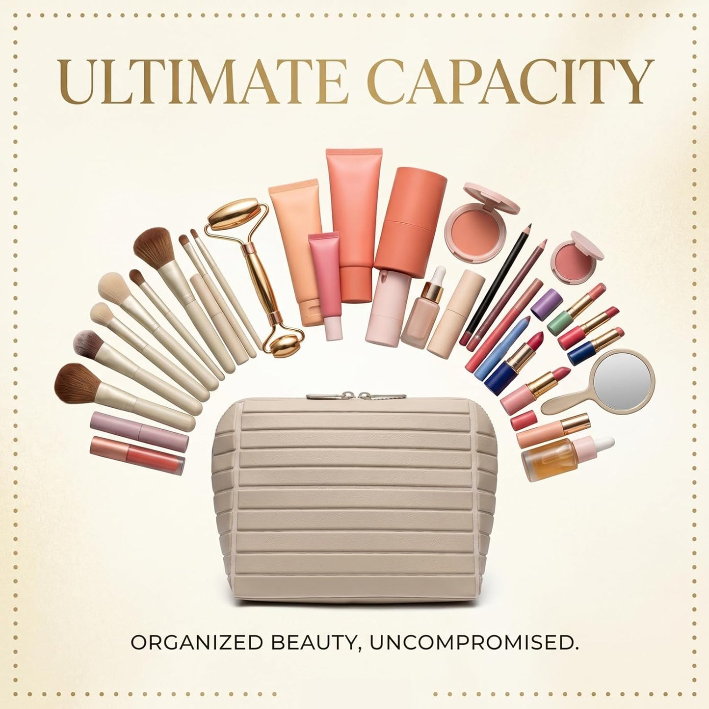 Large Capacity Makeup Bag - Water-Resistant PVC Toiletry Case | Portable Cosmetic Bag with Brush Holder (Black, Medium)