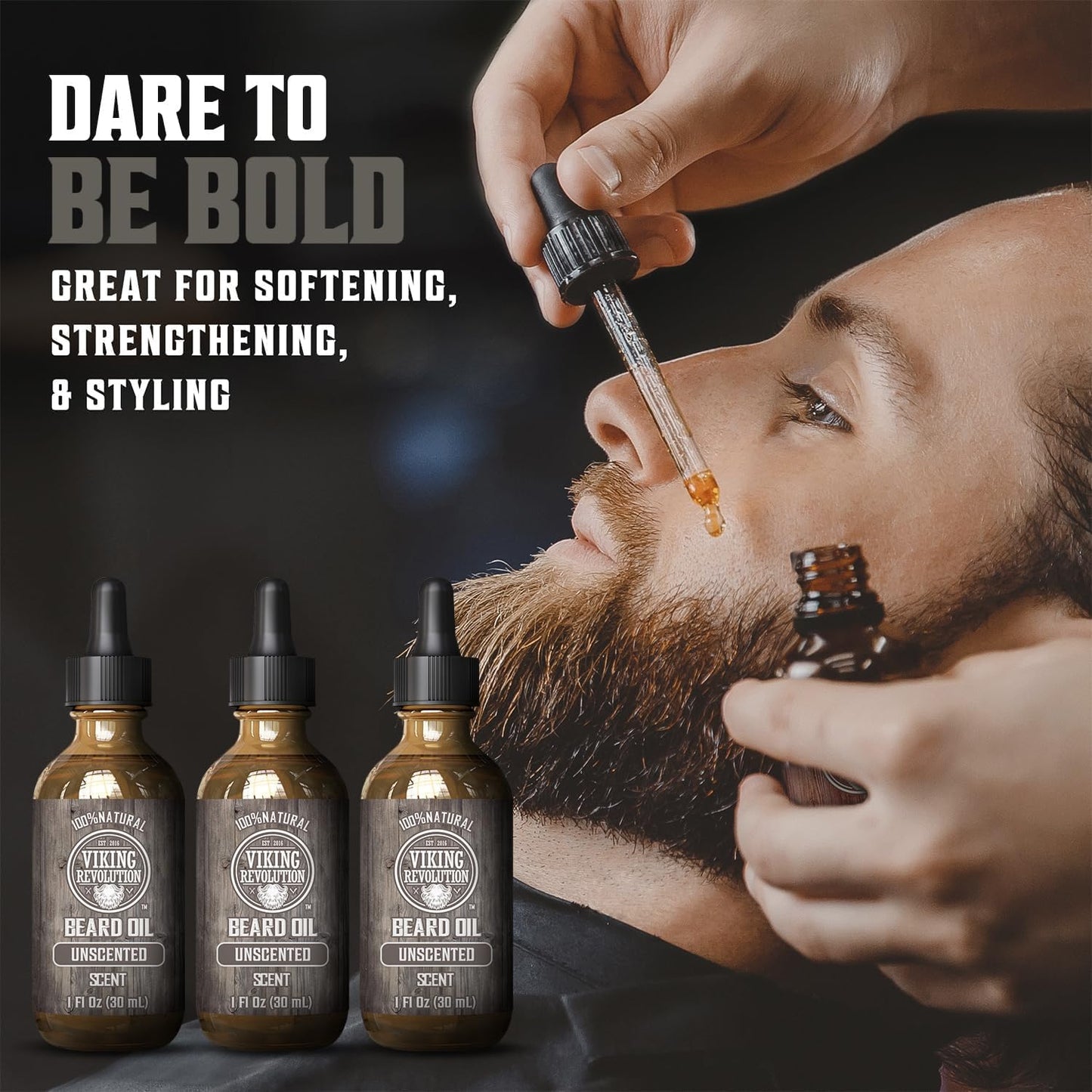 Viking Revolution Beard Oil for Men - Unscented - Natural Mens Beard Oil with Argan Oil and Jojoba Oil - Beard Softener, Strengthens and Moisturizes - Beard Conditioner for Men (3 Pack, 3 Fl Oz)