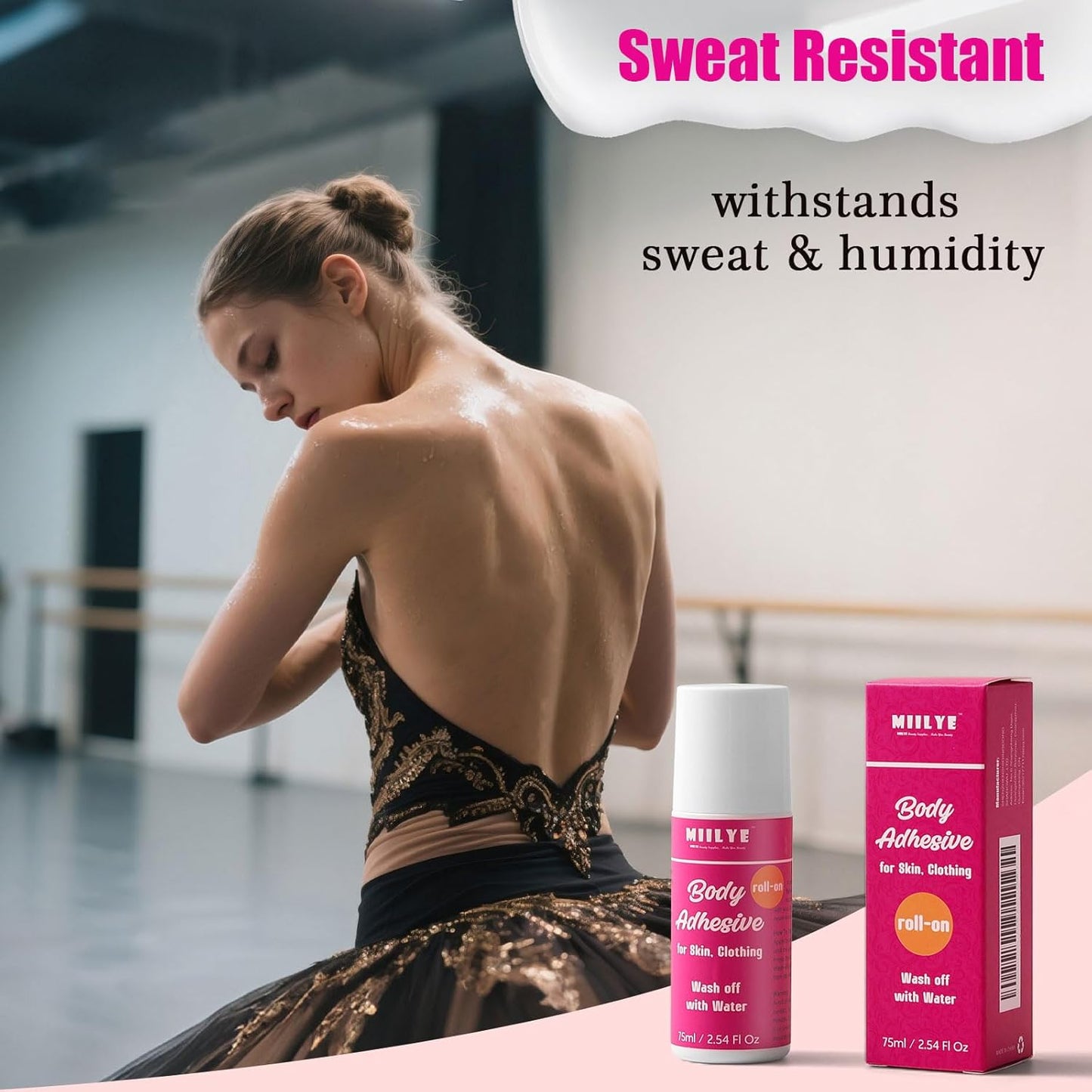 Body Adhesive Roll-On | Sweat Resistant & Water Wash Off | 2.54 Oz for Dancers, Socks, Leotards, Costumes
