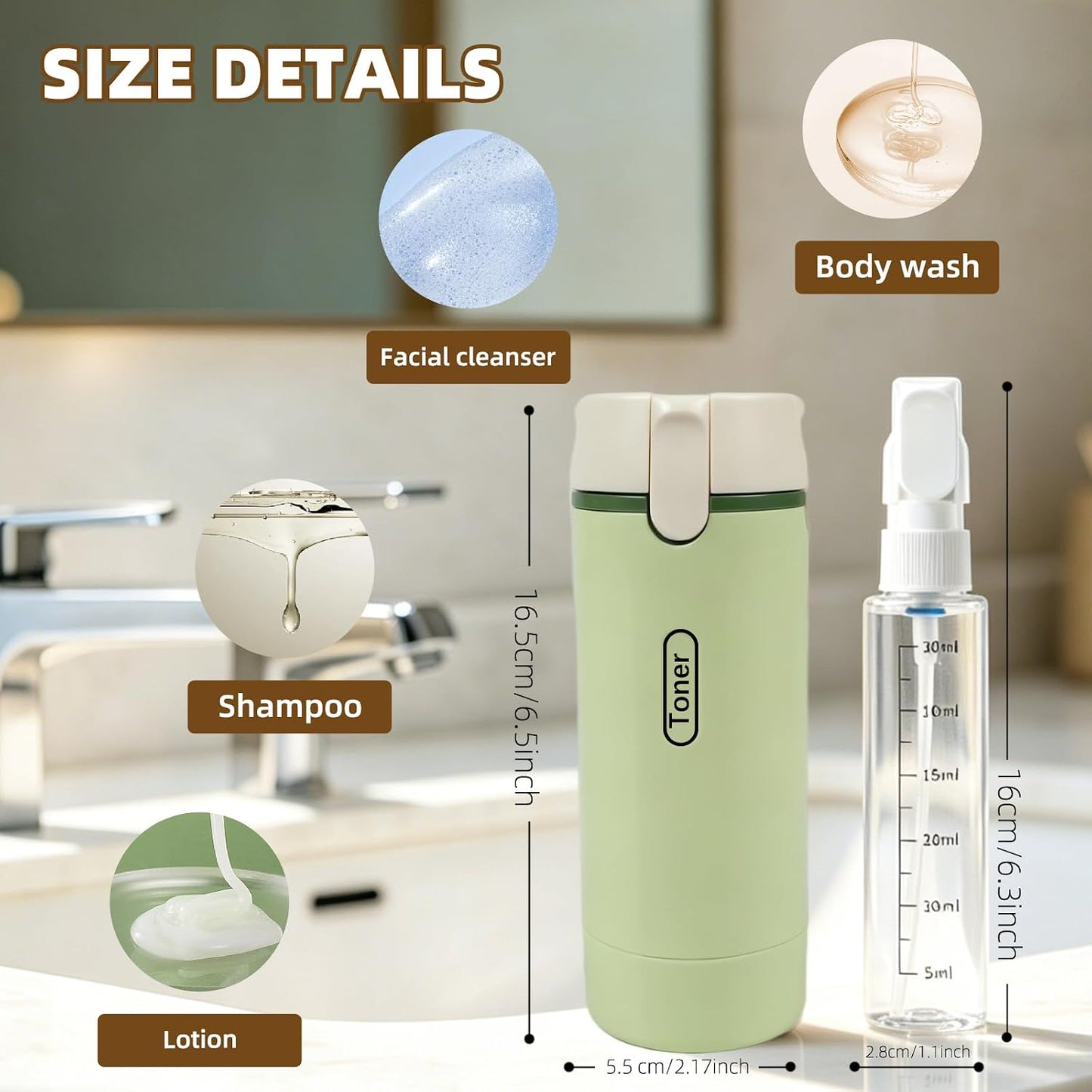 Travel Dispenser Bottle Set - 4 Pack 30ML Leak-Proof Toiletry Containers | Green