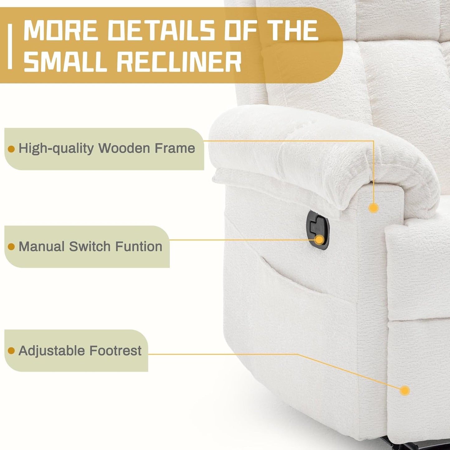 Recliner Chair - Upholstered Manual Recliner for Small Spaces | Modern Chenille Design in Beige with Side Pockets