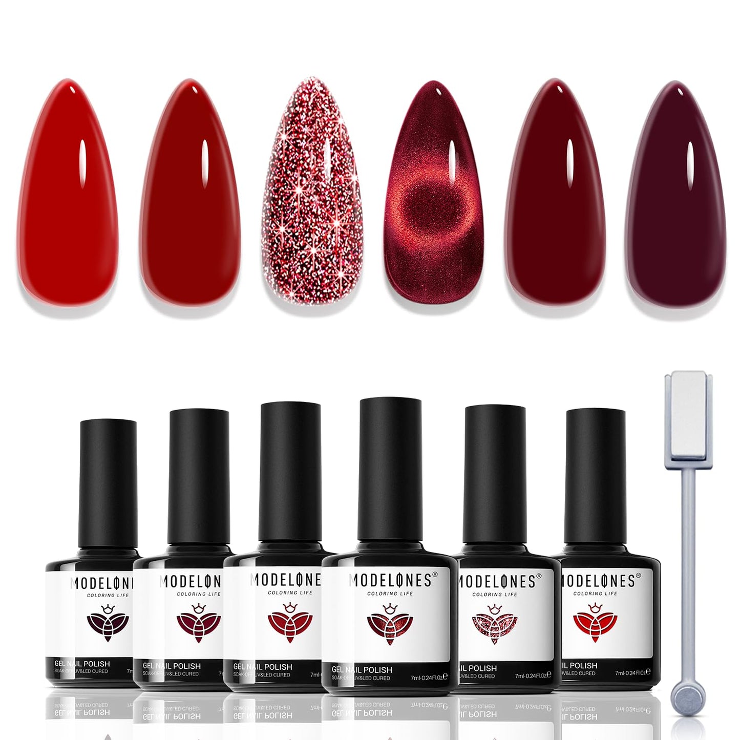 modelones Red Gel Nail Polish Set - 6 Colors 2026 Mothersday Ruby Glitter Cat Eye Magnetic Gel Polish Burgundy Red Sparkle Bloody Nail Polish Kit Soak Off LED Manicure Nail Art DIY Gift