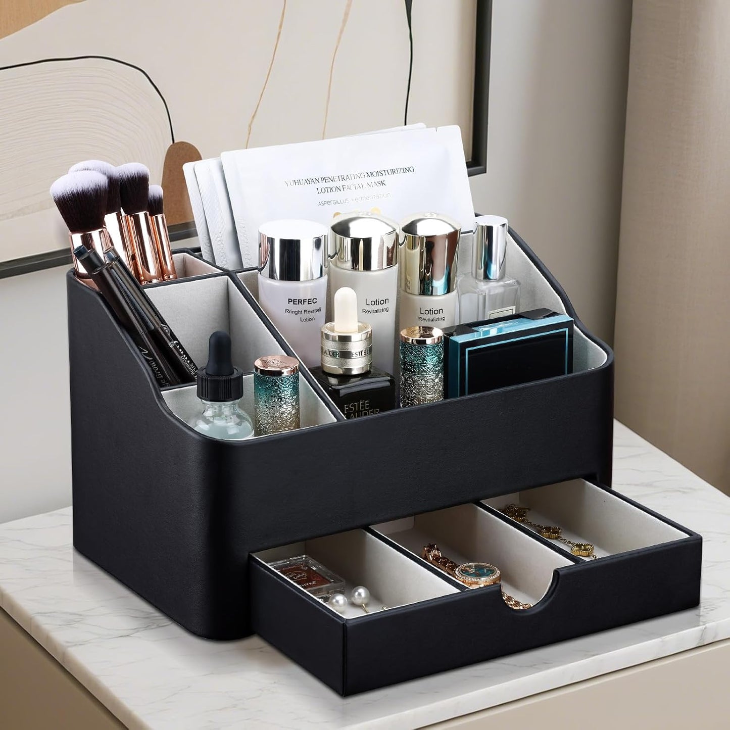 Leather Makeup Organizer - Stylish Cosmetic Storage with Drawer | Dresser & Vanity Organizer for Lipstick, Brushes & Skincare (Black)