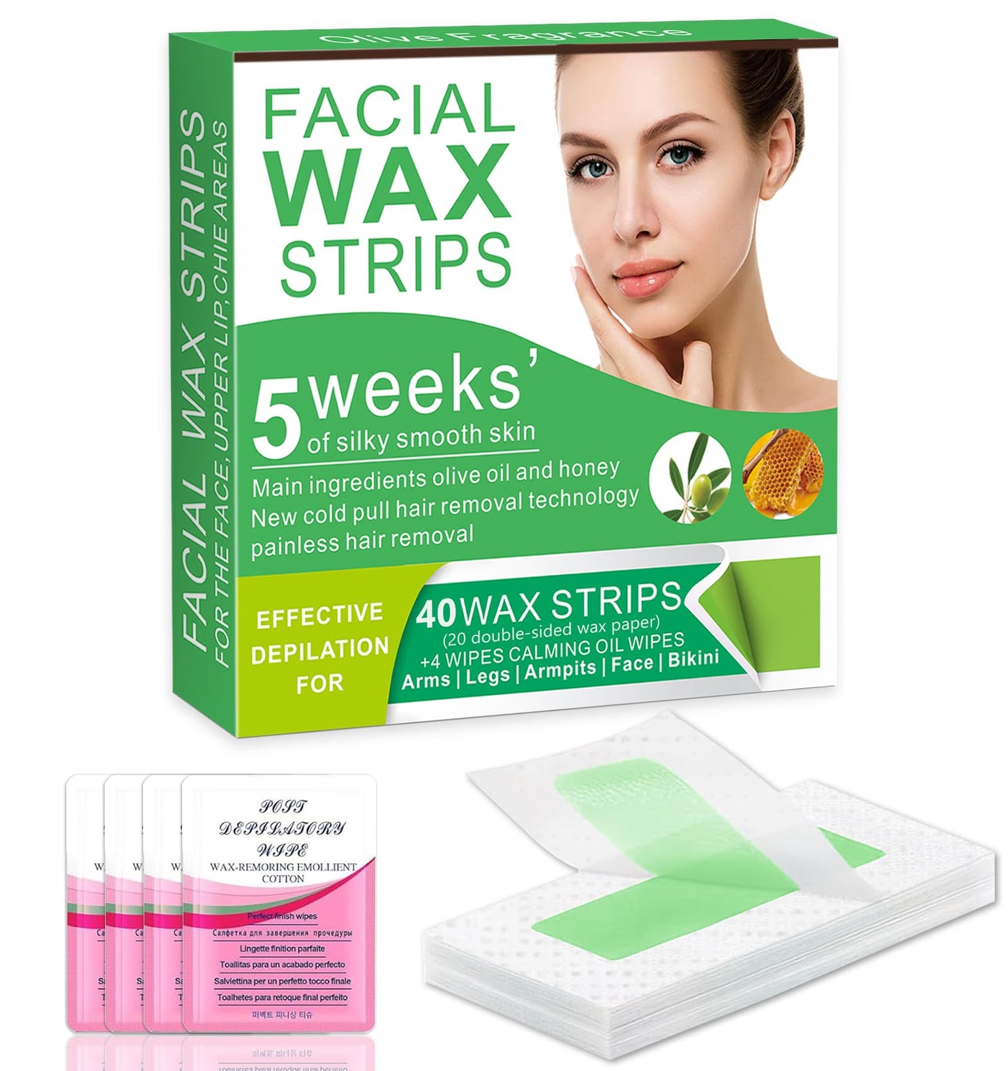Facial Wax Strips for Women – 98% Natural Formula, Hypoallergenic for Sensitive Skin – Face Wax Strip for Hair Removal, Gentle & Quick Eyebrow Wax Strips for Upper Lip, Chin, Legs & Bikini Line