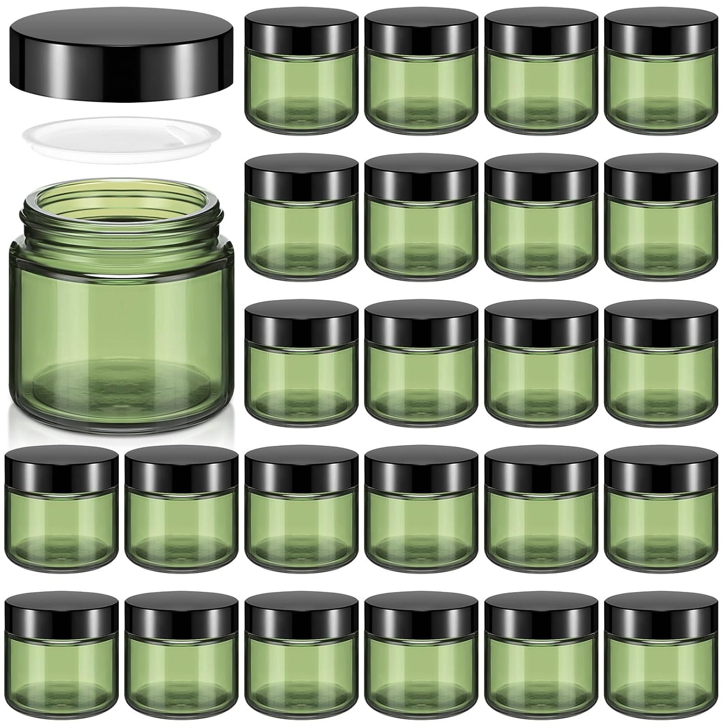 32 Pcs 2 oz Glass Jars - Leakproof Travel Size Cosmetic Containers for Makeup, Creams & DIY (Pea Green)