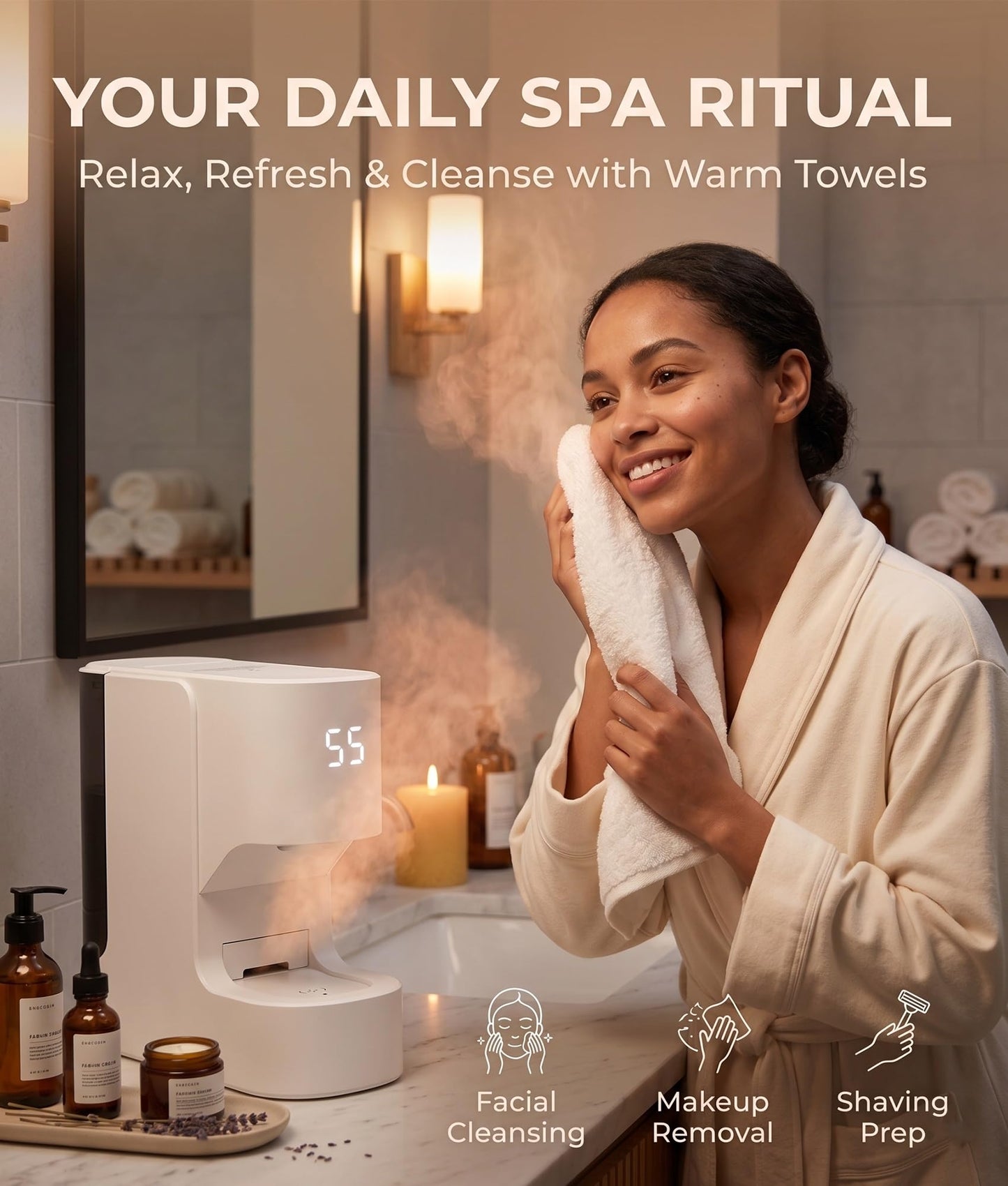 Hot Face Towel Heater Machine Smart Hot Face Towel Dispenser 5-Second Rapid Heating Automatic Heating & Dispensing 55°C(131°F) Constant Temp 20 Compressed Towels for Facials Spa Cleaning(60pcs Towel)