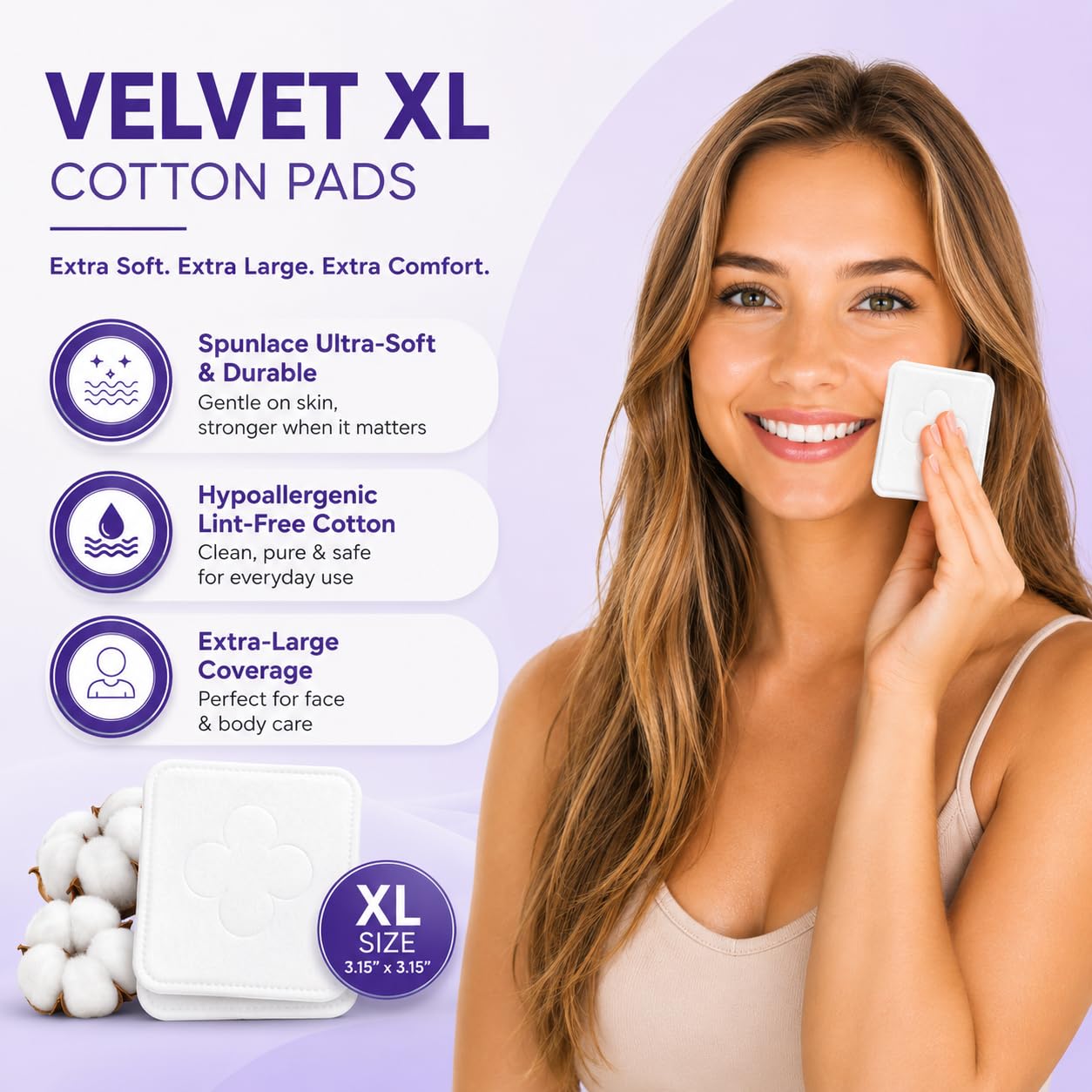 CALLA BEAUTY Velvet XL Cotton Pads, 300 Counts (250 + 50 Extra) - Premium Spunlace Technology - Large, Ultra Soft Square Pads for Makeup Removal, Toner, Nail, Lint-Free & Absorbent for Face & Body