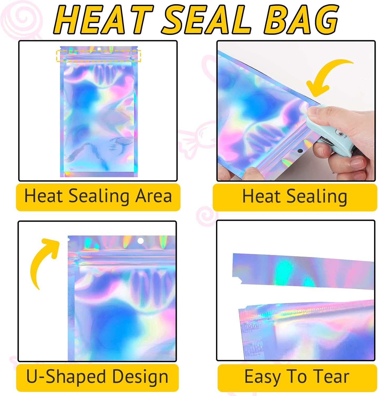 Holographic Smell Proof Bags - 100 PCS Resealable Mylar Gift Bags for Food & Jewelry | 3x5 Inch