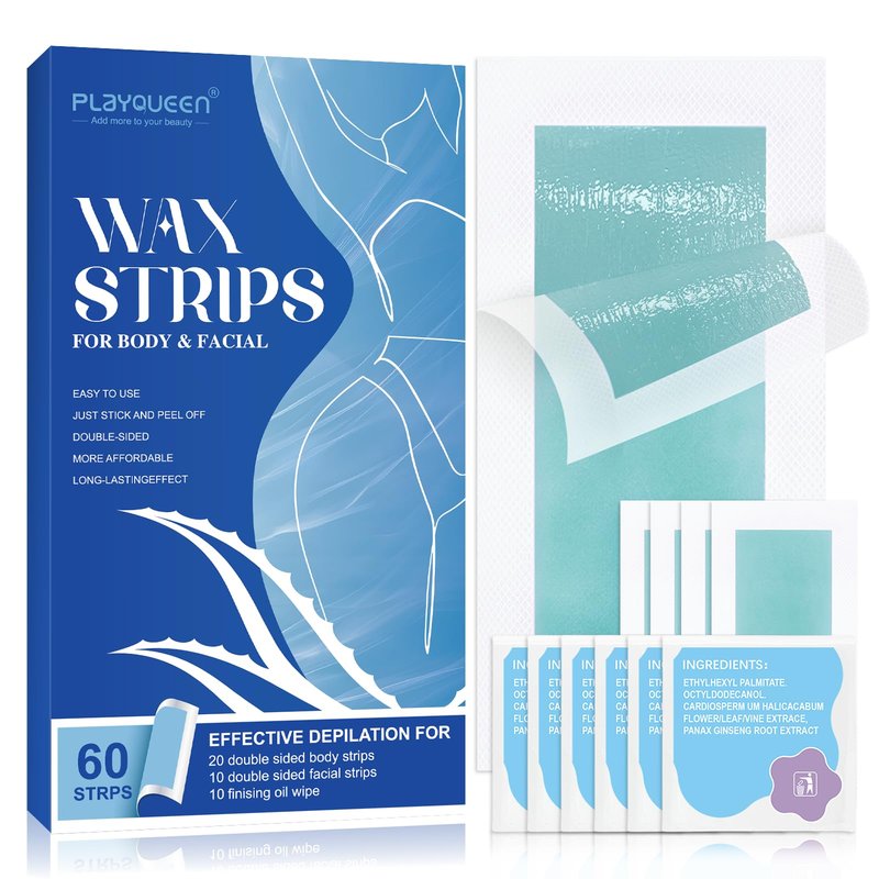 Hair Removal Wax Strips Kit for Women & Men, 60 PCS Full Body Cold Wax Strips for Face, Arms, Legs, Underarms & Bikini Area, Gentle Hair Removal for Sensitive Skin with After-Wax Oil Wipes.