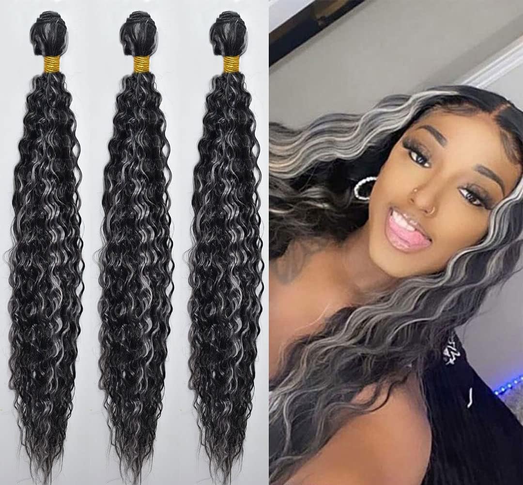 26 28 30 Inch P4/Grey Highlight Bundles Human Hair Deep Wave 3 Bundles 100 Grams/Bundle 10A Grade Unprocessed Brazilian Virgin Hairs Grey Bundles Weaves Hair Extensions For Women