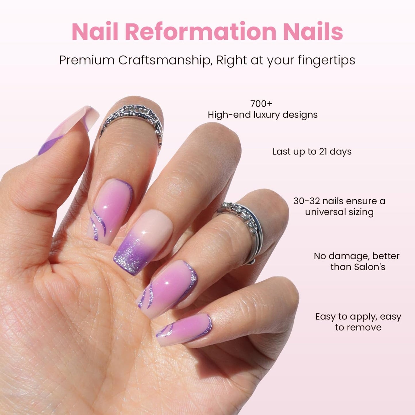 Nail Reformation Press On Nails, Purple Hour | Short Coffin Fake Nails with Violet Ombre & Shimmery Metallic Ribbon Design, Reusable Stick On Nails Kit - 32 Pcs in 16 Sizes, Manicure Gifts for Women