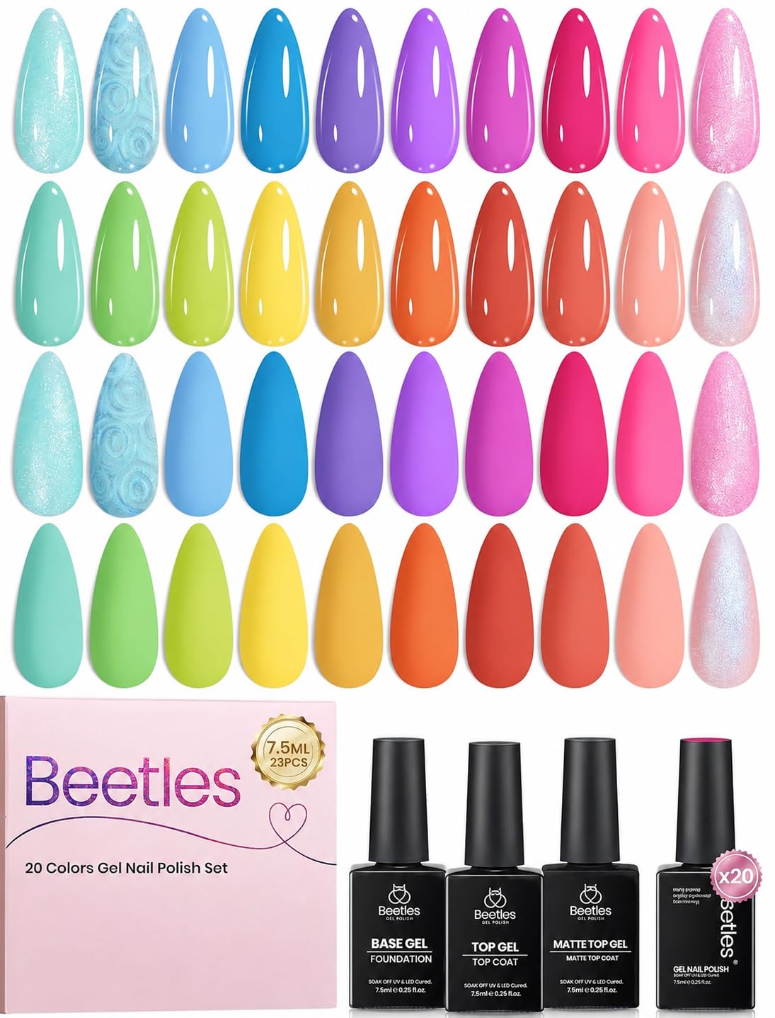Beetles Gel Nail Polish Set - 32 Vibrant Colors | UV LED Soak Off Nail Kit with Base & Top Coat