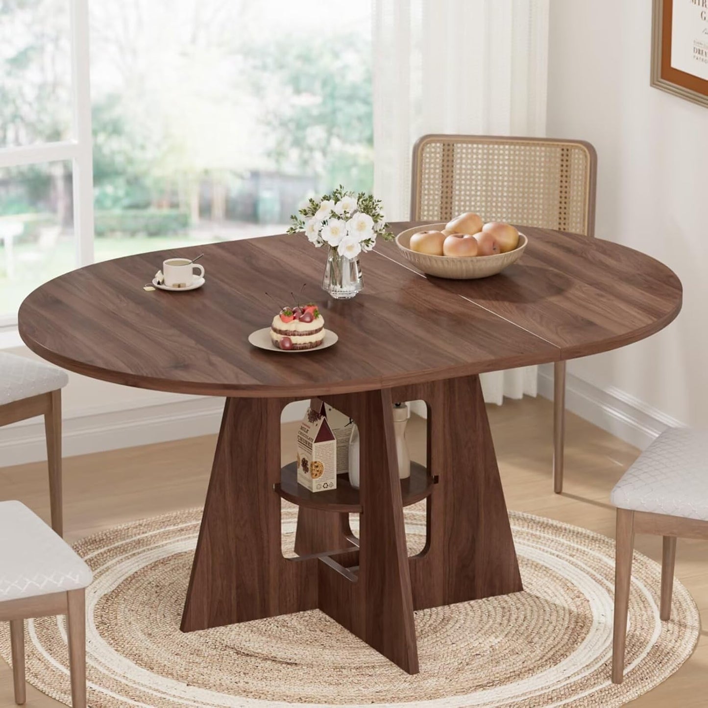 Extendable Round Dining Table for 4-8 | Modern Kitchen Design with Storage Shelf - 43.3in to 59in