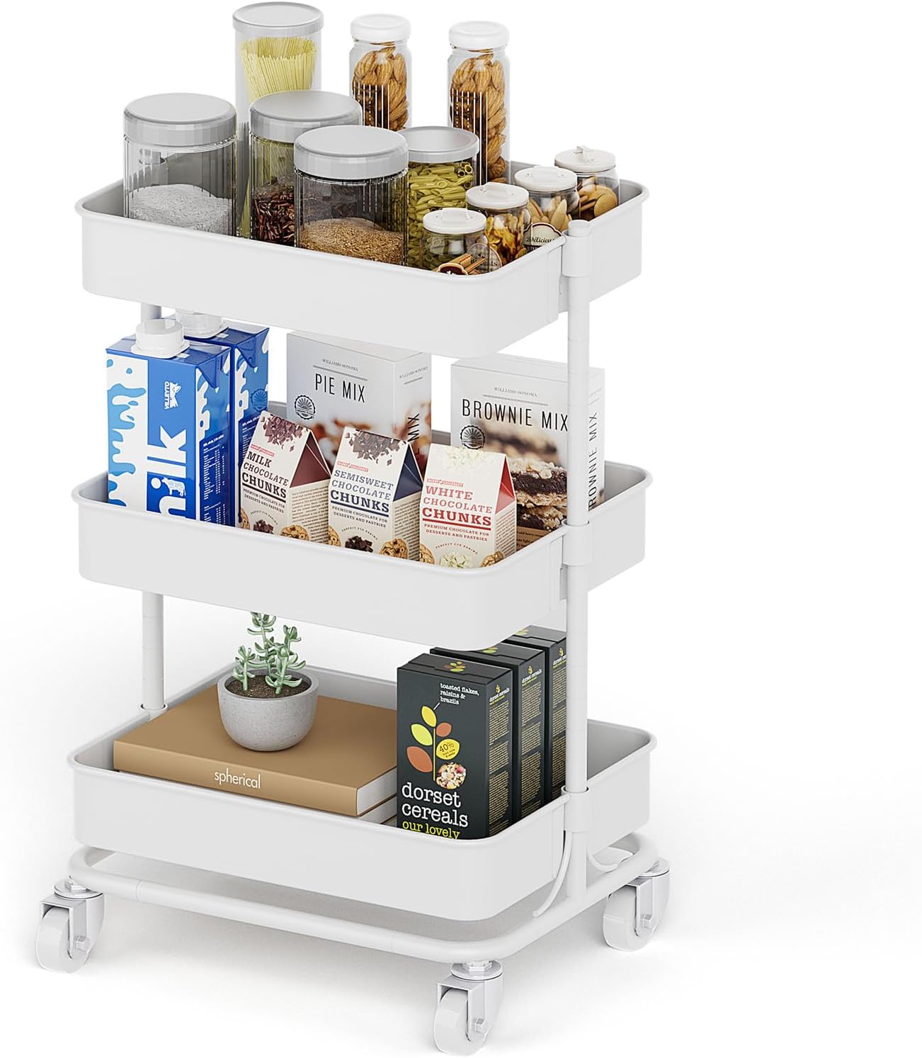 Utility Rolling Cart - Heavy Duty Metal Storage Organizer with Wheels | Portable 3-Tier Shelving Unit for Office, Bathroom, Kitchen (White)