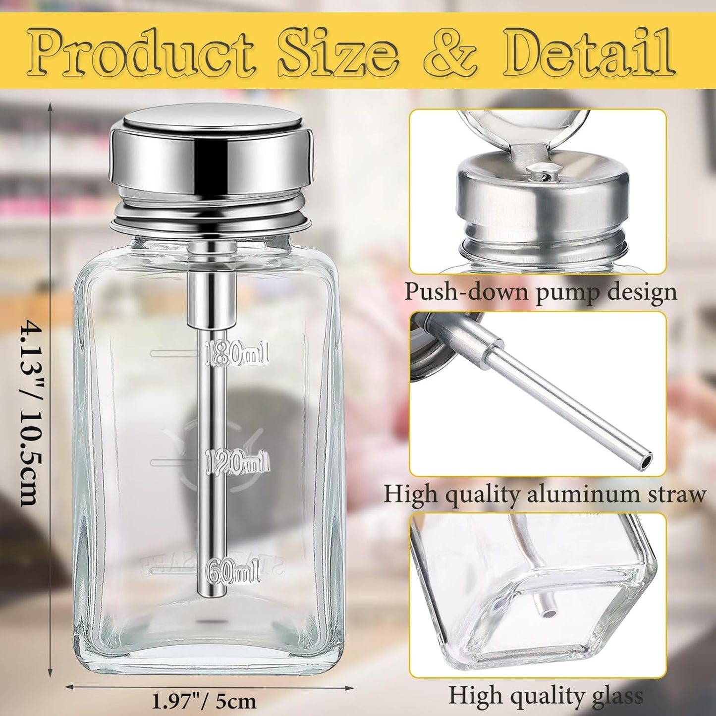 Noverlife Clear Glass Pump Dispenser Bottles - 2PCS 6Oz Nail Polish Remover Containers | Refillable Flip Top Cap