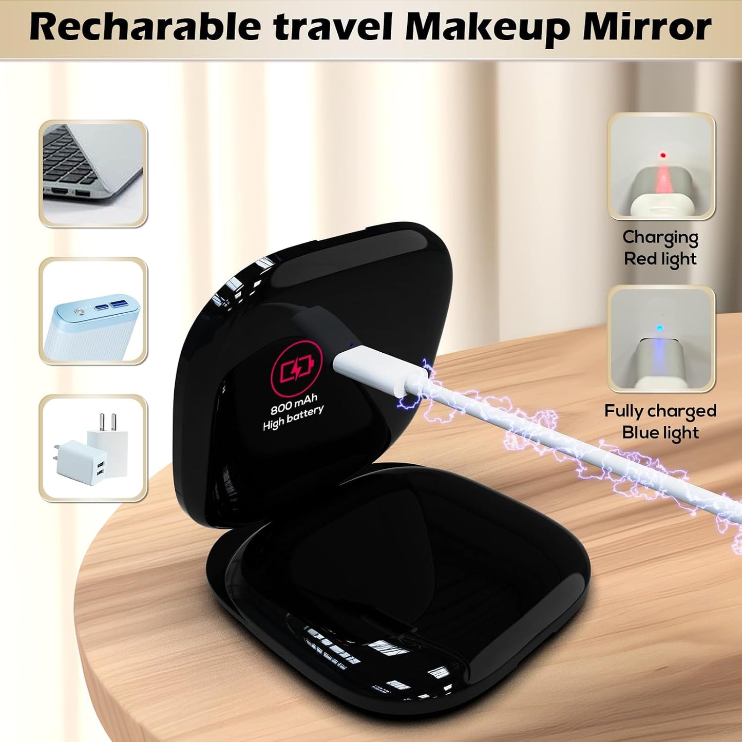 Lighted Travel Mirror - Adjustable Brightness, 1X/10X Magnification | Mini Dimmable Design for Handbag & Pocket (Black)