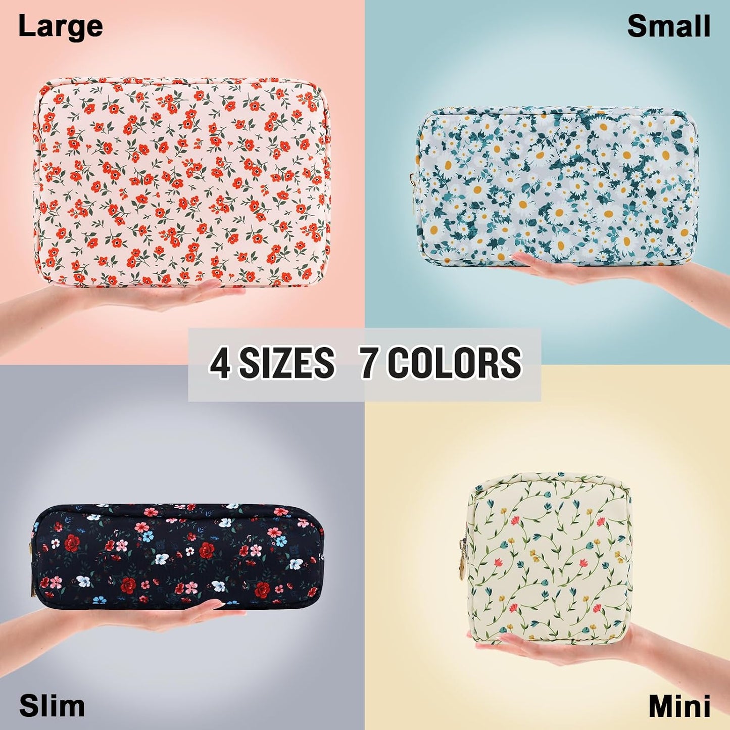 Floral Makeup Bag - Cute Pink Nylon Zipper Pouch for Travel | Waterproof Cosmetic Organizer for Women