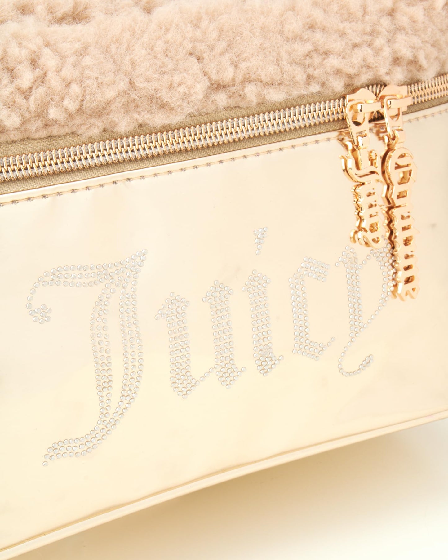 Juicy Couture Pink Makeup Bag Cosmetics Organizer Travel Essentials Train Case Shiny Rhinestones Faux Shearling