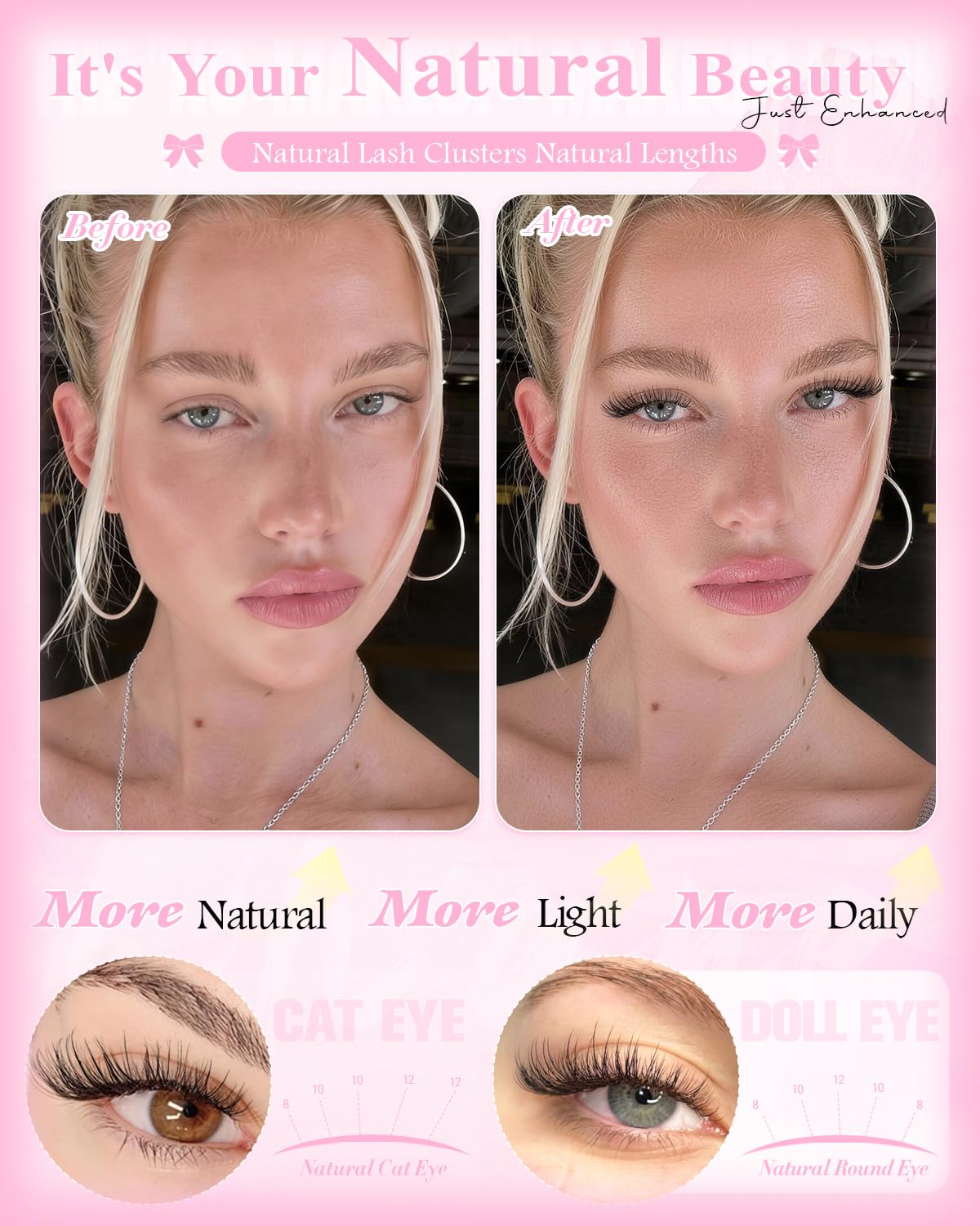 Natural Lash Clusters - Wispy Eyelash Extensions 240 Pcs | Short 8-10-12mm Individual Lashes for Beginners, Glasses Friendly