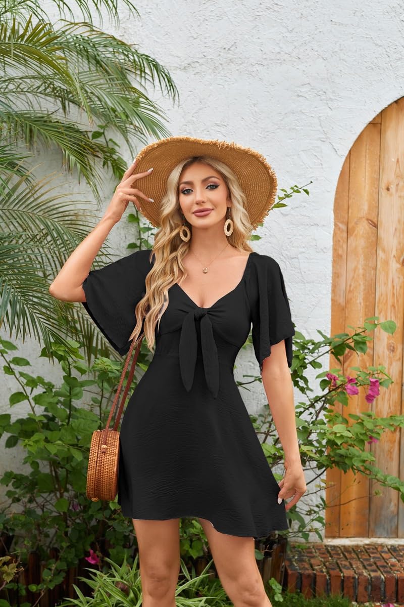 Women’s V Neck Tie Front Mini Dress - Short Sleeve Fit and Flare Casual Fashion Summer Dress for Women Black